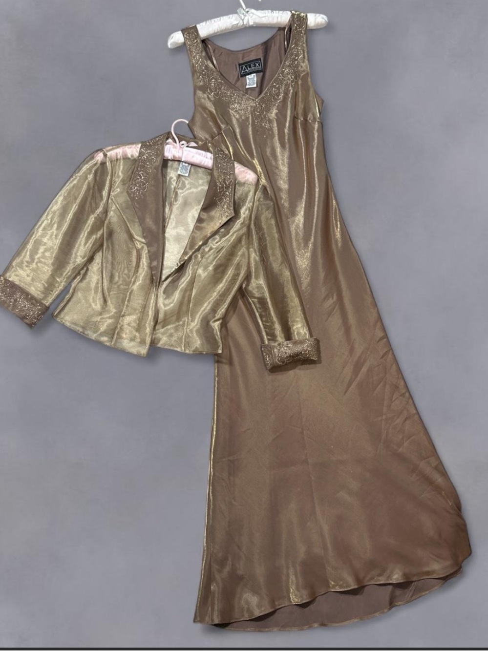 Vintage tan evening glam gown maxi dress with beading and matching jacket top 8